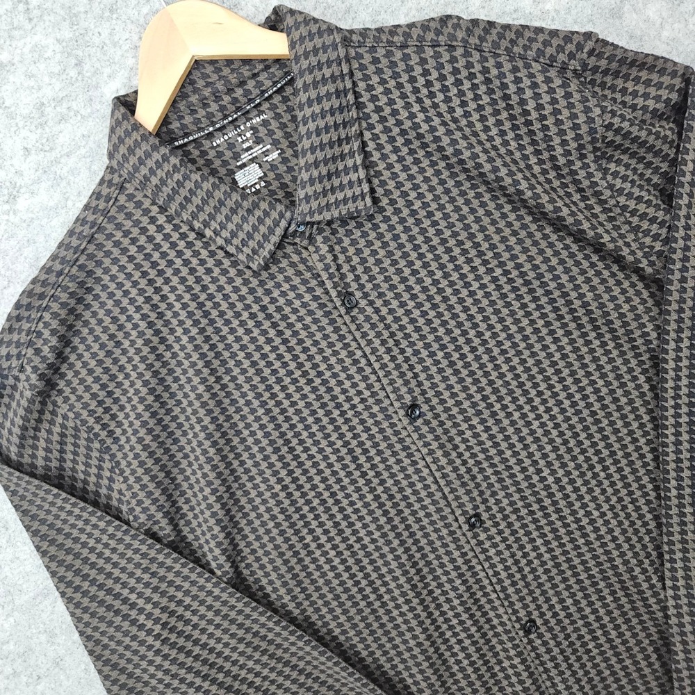 NEW Shaquille O'Neal Button Up Shirt Men's 3XLT Brown Houndstooth Long Sleeve